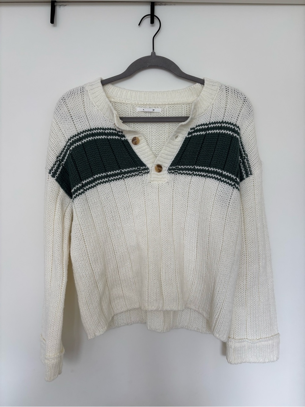 O'Neill Cream V-Neck Knit Sweater with Dark Green Stripe